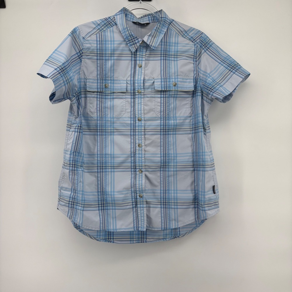 Eddie Bauer Womens Plaid Short Sleeve Button‎ Down Shirt Blue L G Quick Dry